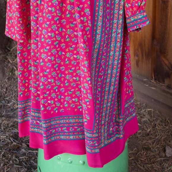 Vintage I. Magnin 100% Silk Fuchsia Long Sleeve Floral Boho Midi Dress Size L - Picture 8 of 17